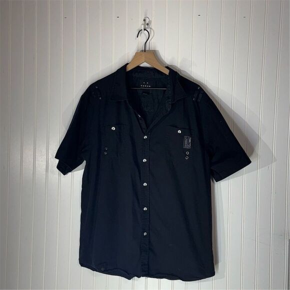 Koman Lugnut Black Shirt 2XL Punk Y2K Flame Logo Button Up Grunge Alt Top - Picture 1 of 6